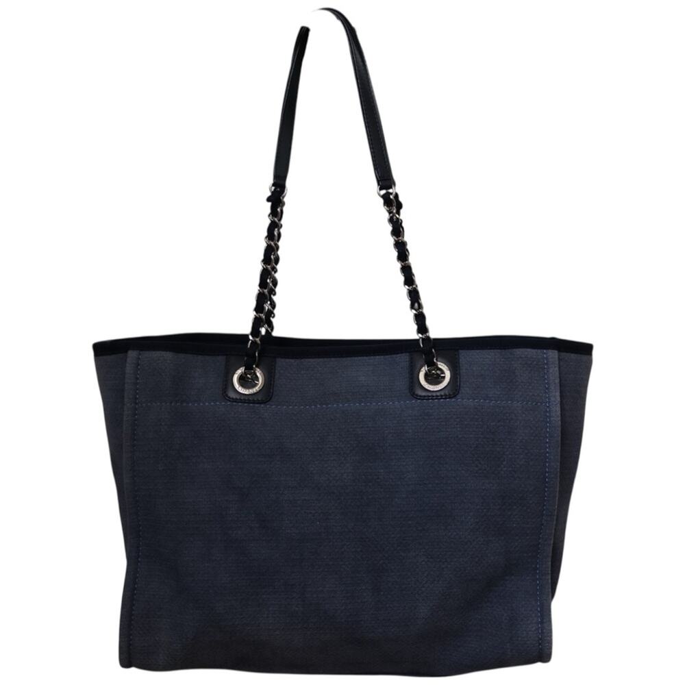 Chanel Deauville Tote Bag Denim Slate Blue Canvas Navy Trim Silver Hardware - Picture 5 of 16